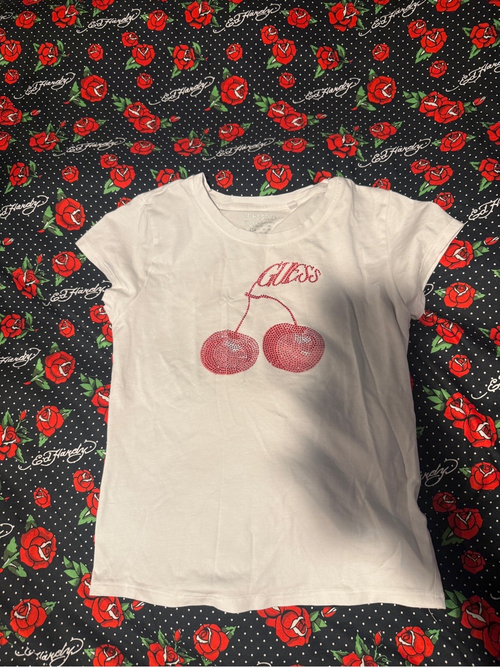 GUESS Eco White Cherry Rhinestone Graphic T-Shirt (Size S)